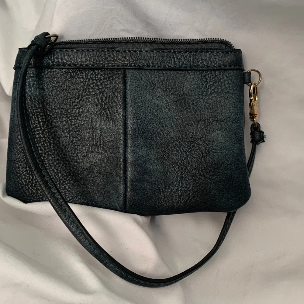 Wilsons Leather Wristlet Pouch Dark Teal Blue Pebbled Leather Gold Hardware Mini